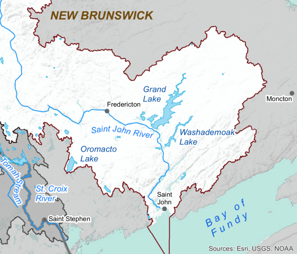 Saint John River Map of New Brunswick with Washademoak Lake, Grand Lake, and Oromocto Lake Labeled. 