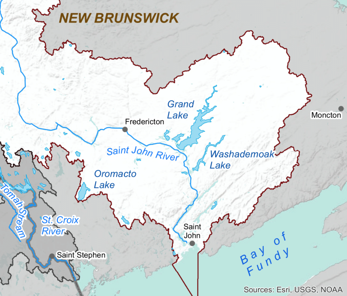 Saint John River Map of New Brunswick with Washademoak Lake, Grand Lake, and Oromocto Lake Labeled.