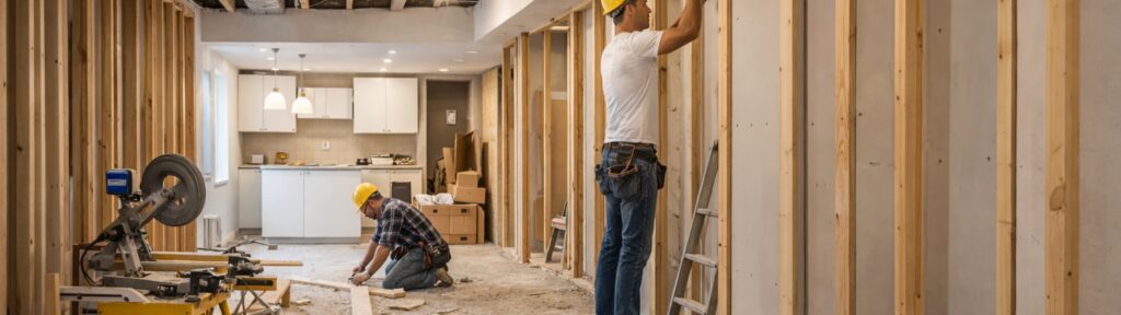 Basement apartment renovation in New Brunswick with framing and construction in progress
